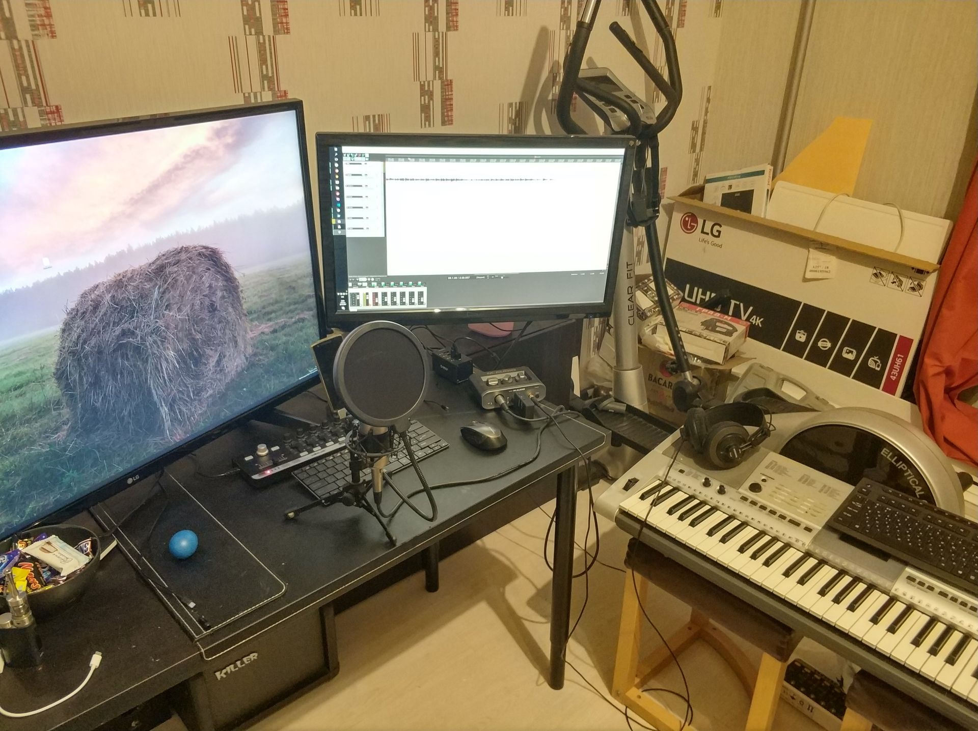 monitors, synth and microphones